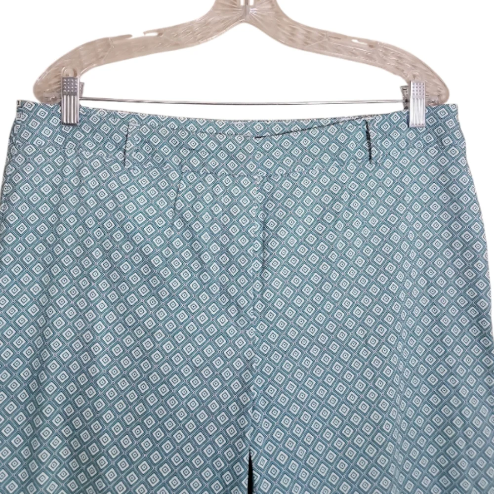 Roz & Ali geometric print pants blue white high rise slim ankle women's size 12
